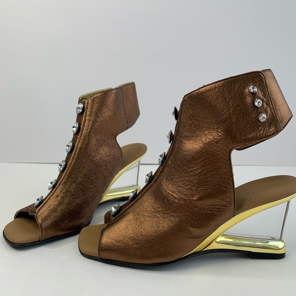 Onex Embellished Rhinestones Bronze Open-Toe Wedge Sandals Women 6 Party Shoes - Picture 10 of 13